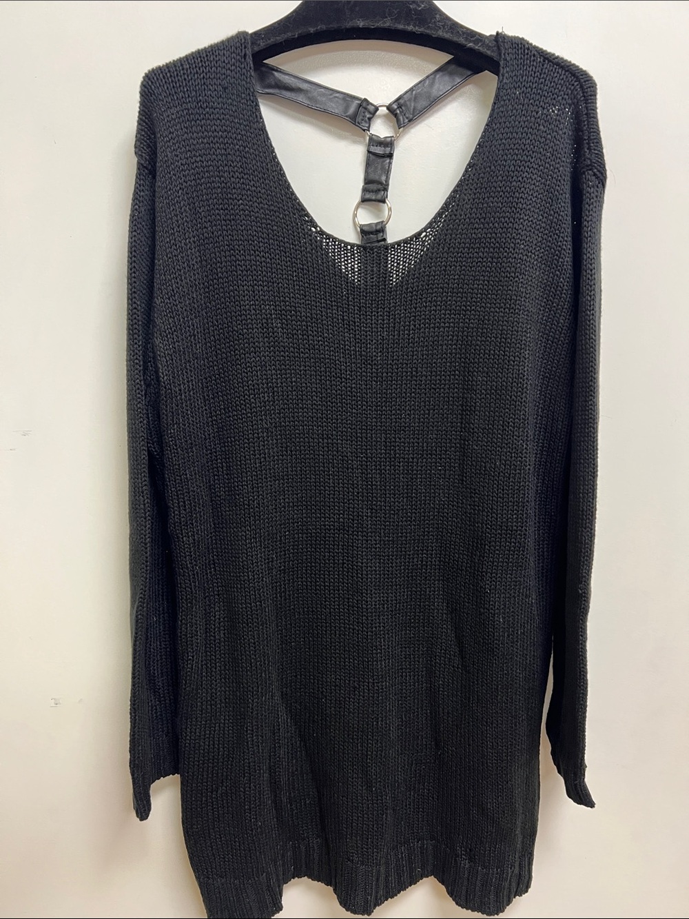 Forever 21 Black V-Neck Knit Sweater with Faux Leather Back Strap